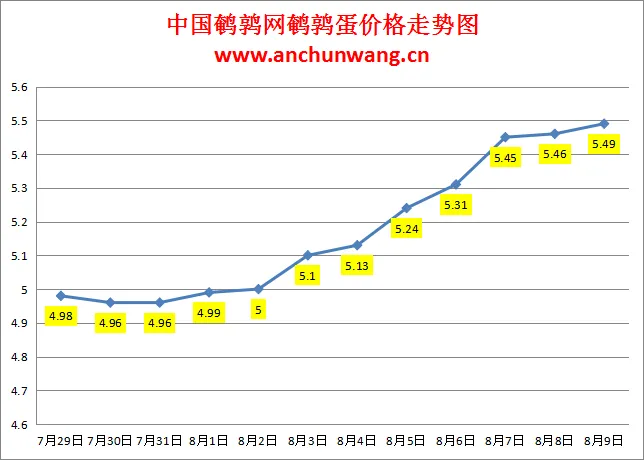 2024.8.9全国鹌鹑蛋价格：局部涨，均价5.49元