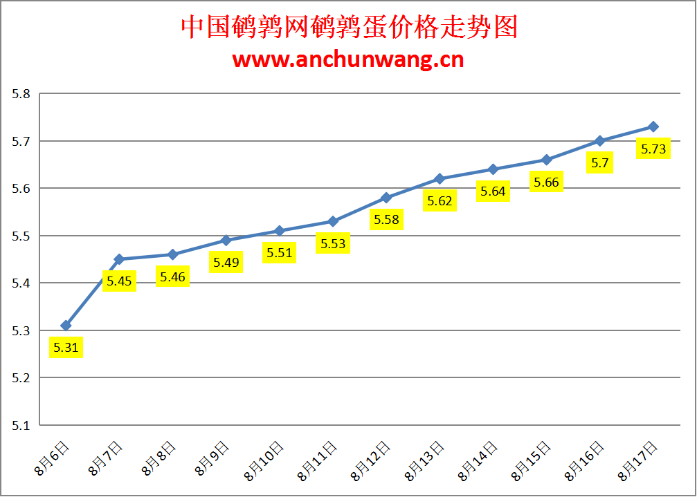 2024.8.17全国鹌鹑蛋价格：局部涨，均价5.73元