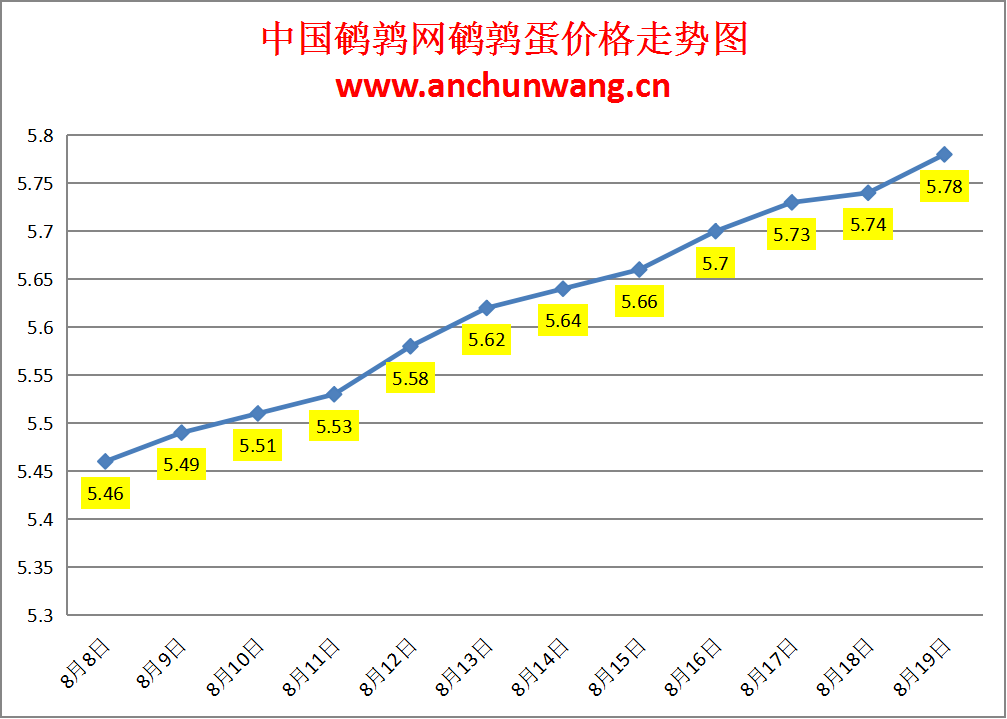 2024.8.19全国鹌鹑蛋价格：涨价地区增加，均价5.78元