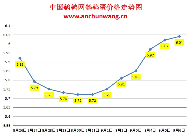 2024.9.6全国鹌鹑蛋价格：局部涨，均价6.04元