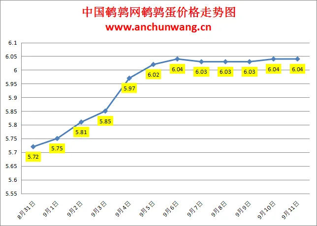 2024.9.11全国鹌鹑蛋价格：稳为主，均价6.04元