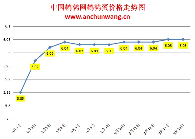 2024.9.14全国鹌鹑蛋价格：稳为主，均价6.05元